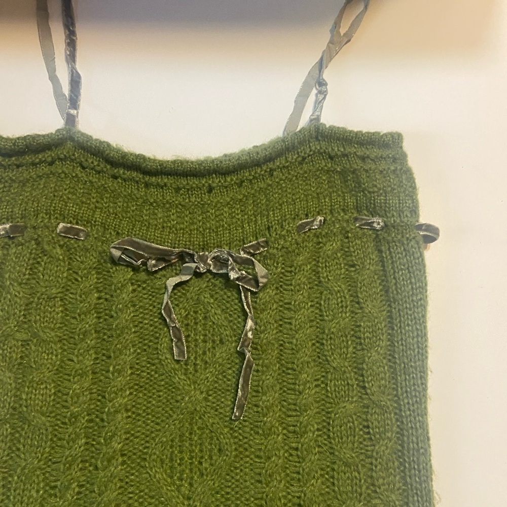 Stefanel Olive Knit Top with Ribbon Accents
